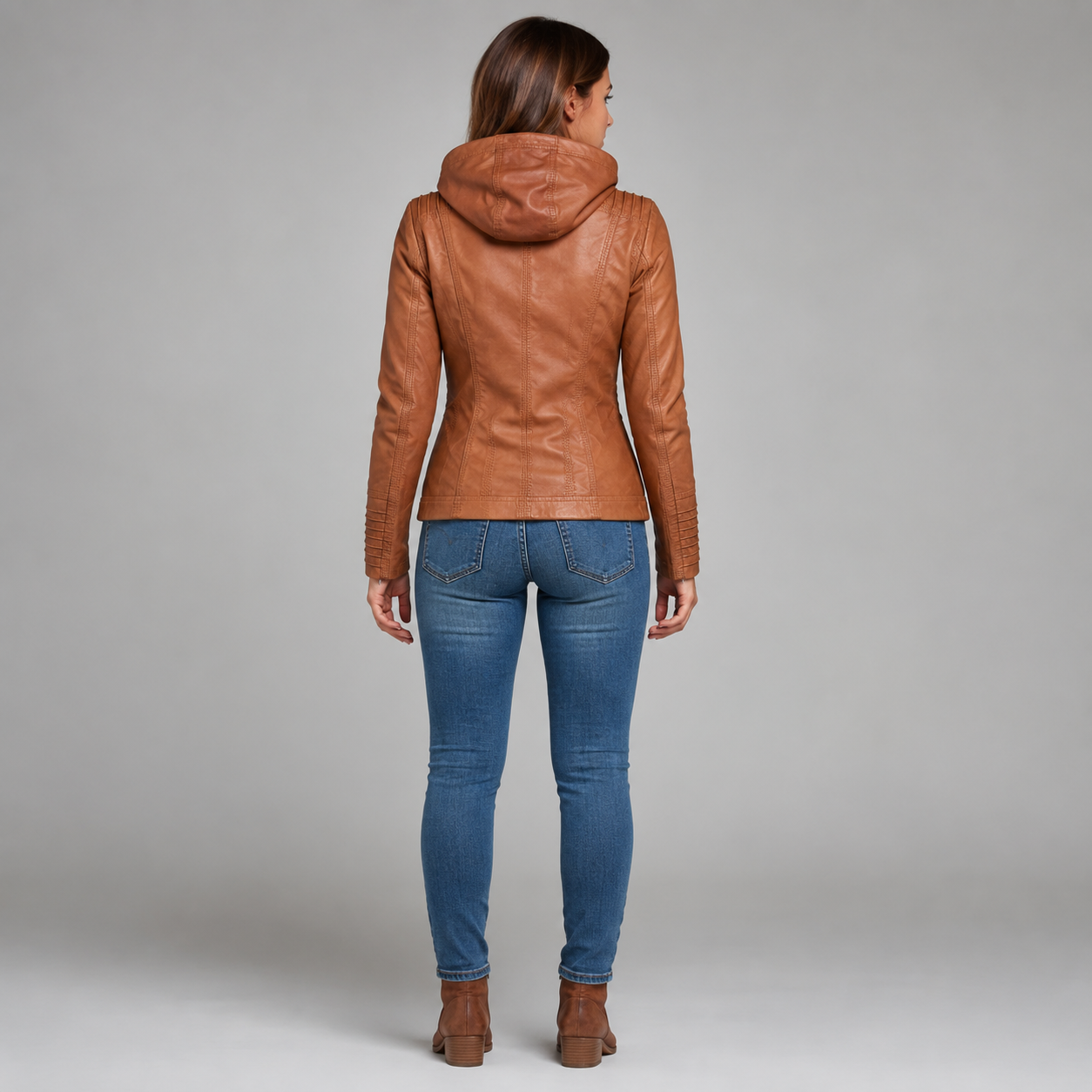 Women's Hooded Faux Leather Jacket With Zip Pockets