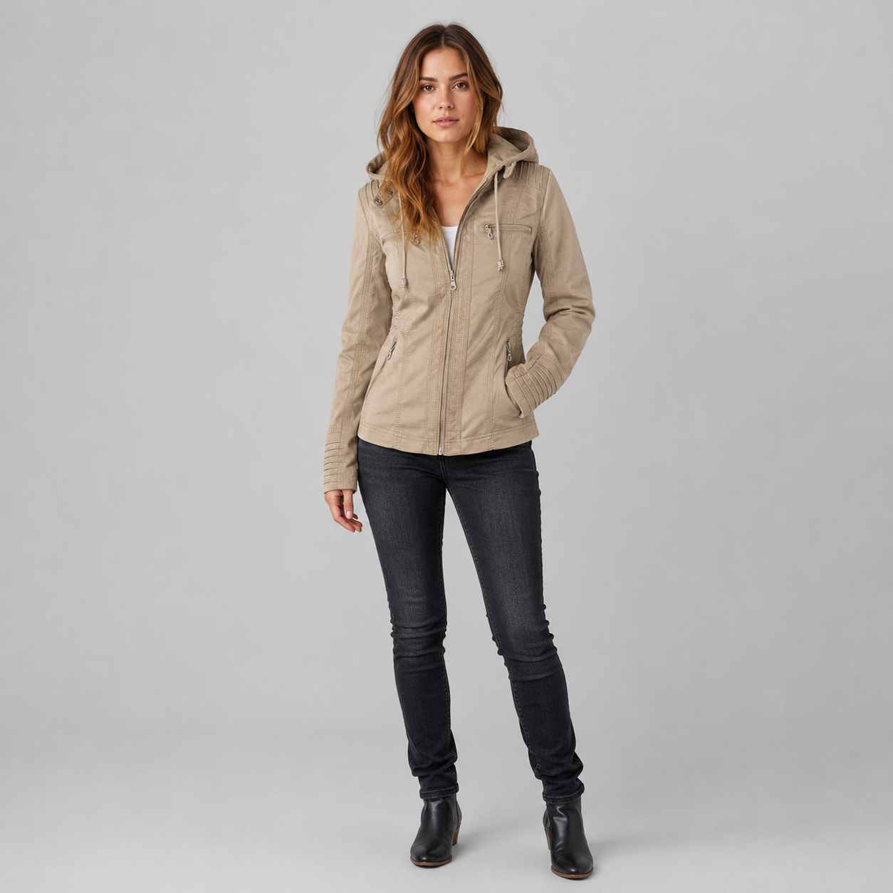 Women's Hooded Faux Leather Jacket With Zip Pockets