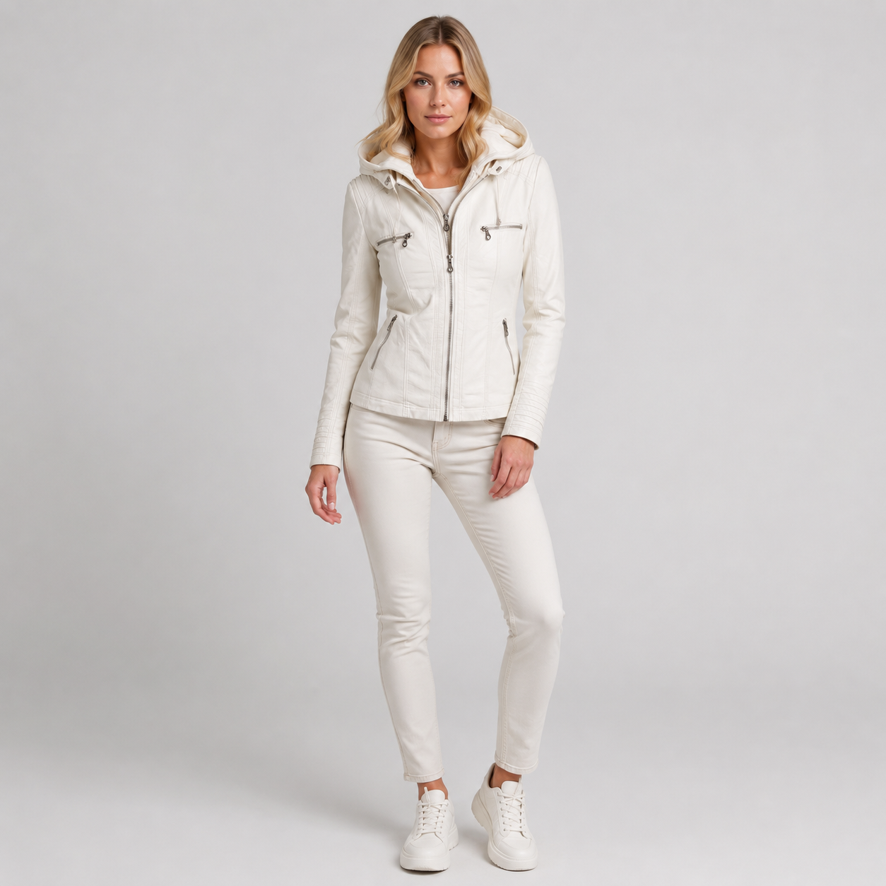 Women's Hooded Faux Leather Jacket With Zip Pockets