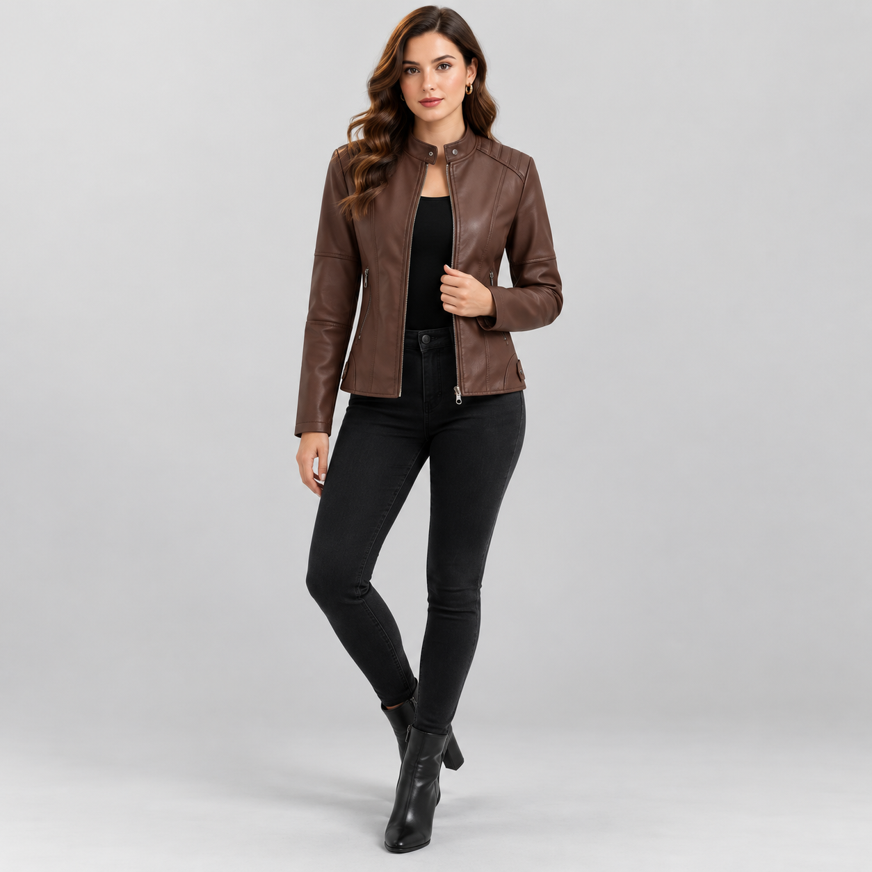 Women's Slim-Fit Faux Leather Jacket With Stand Collar