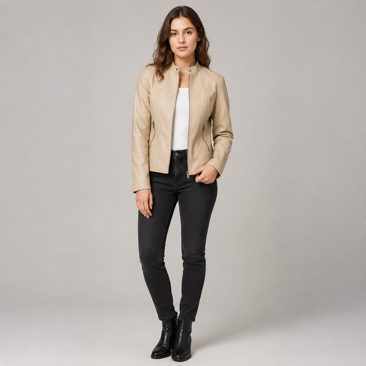 Women's Slim-Fit Faux Leather Jacket With Stand Collar