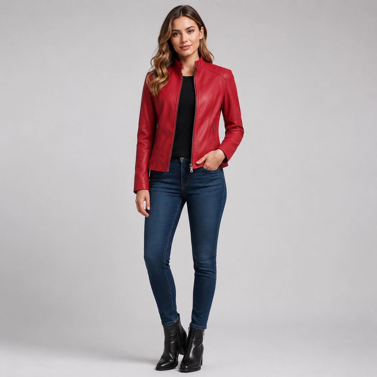 Women's Slim-Fit Faux Leather Jacket With Stand Collar