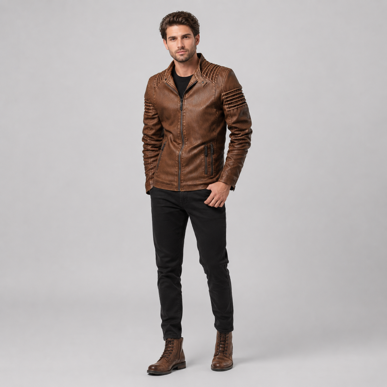 Men's Faux Leather Biker Jacket With Zip Pockets