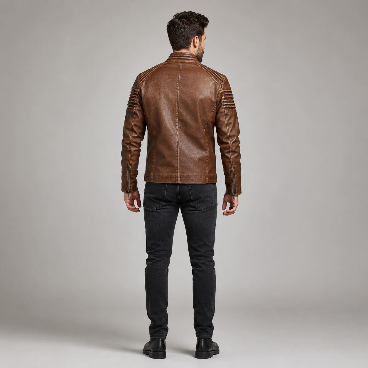 Men's Faux Leather Biker Jacket With Zip Pockets