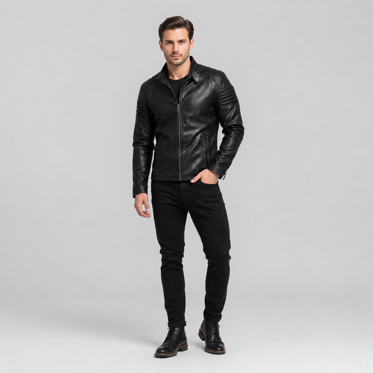 Men's Faux Leather Biker Jacket With Zip Pockets