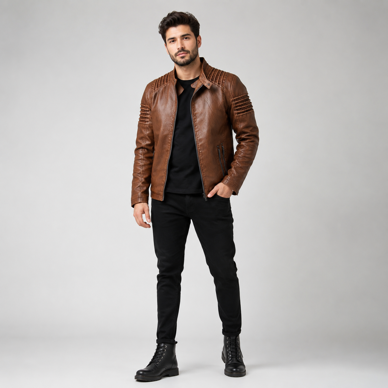 Men's Faux Leather Biker Jacket With Zip Pockets