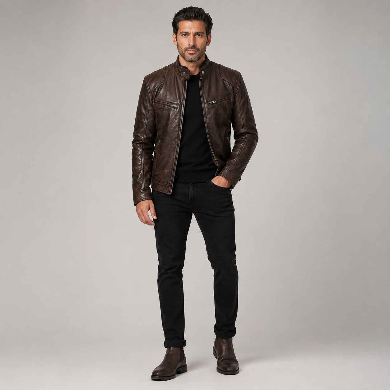 Men's Slim-Fit Biker Leather Coats & Jackets With Zip Pockets