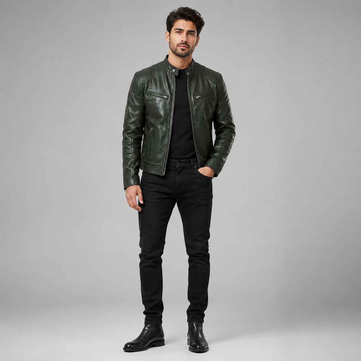 Men's Slim-Fit Biker Leather Coats & Jackets With Zip Pockets