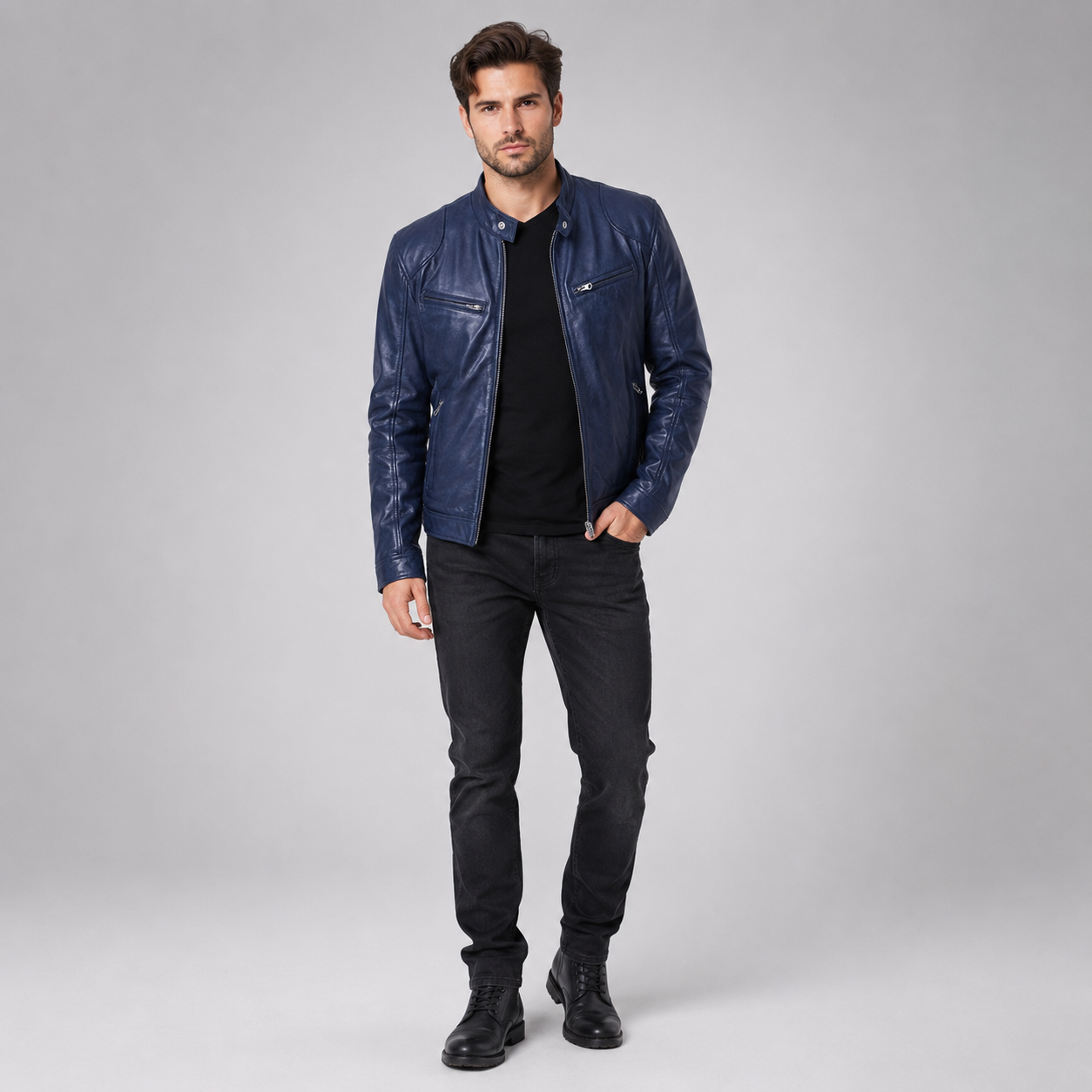 Men's Slim-Fit Biker Leather Coats & Jackets With Zip Pockets