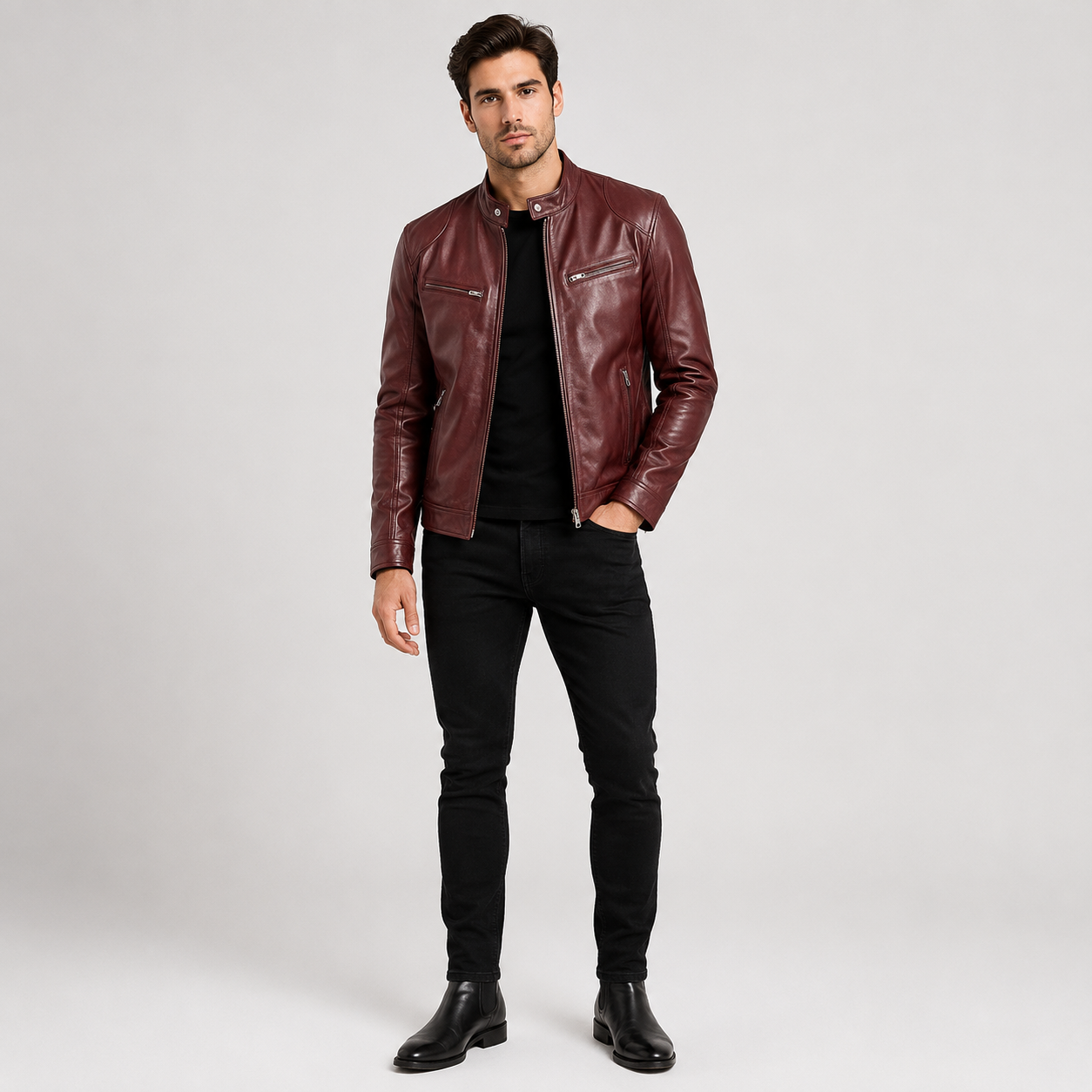 Men's Slim-Fit Biker Leather Coats & Jackets With Zip Pockets
