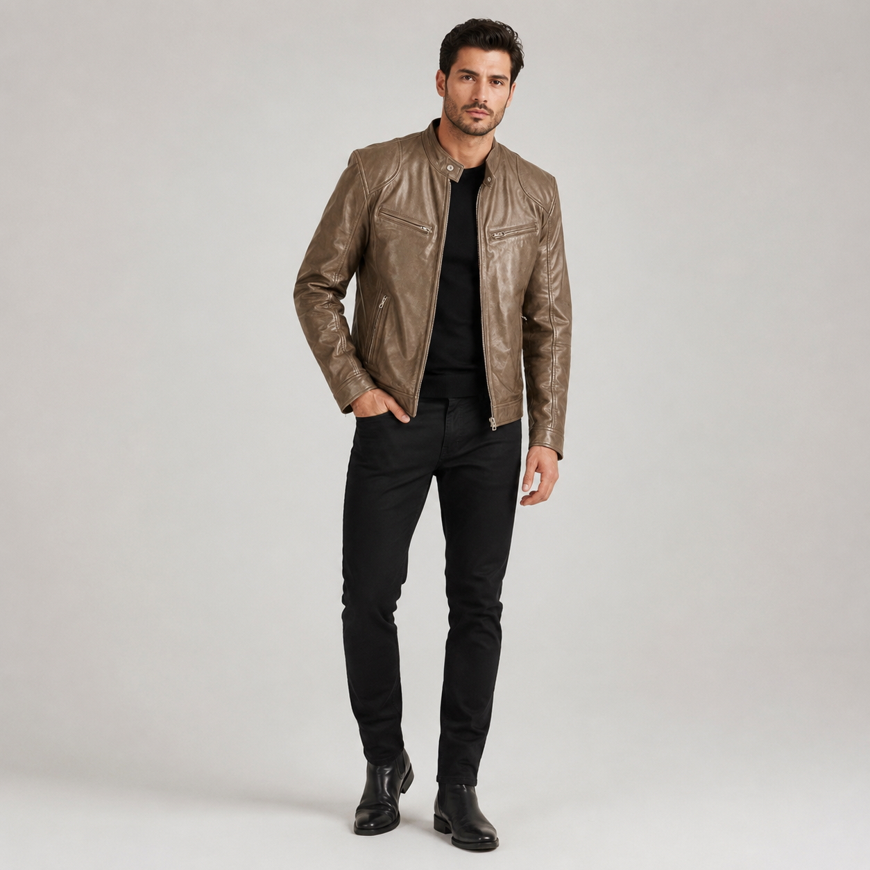 Men's Slim-Fit Biker Leather Coats & Jackets With Zip Pockets
