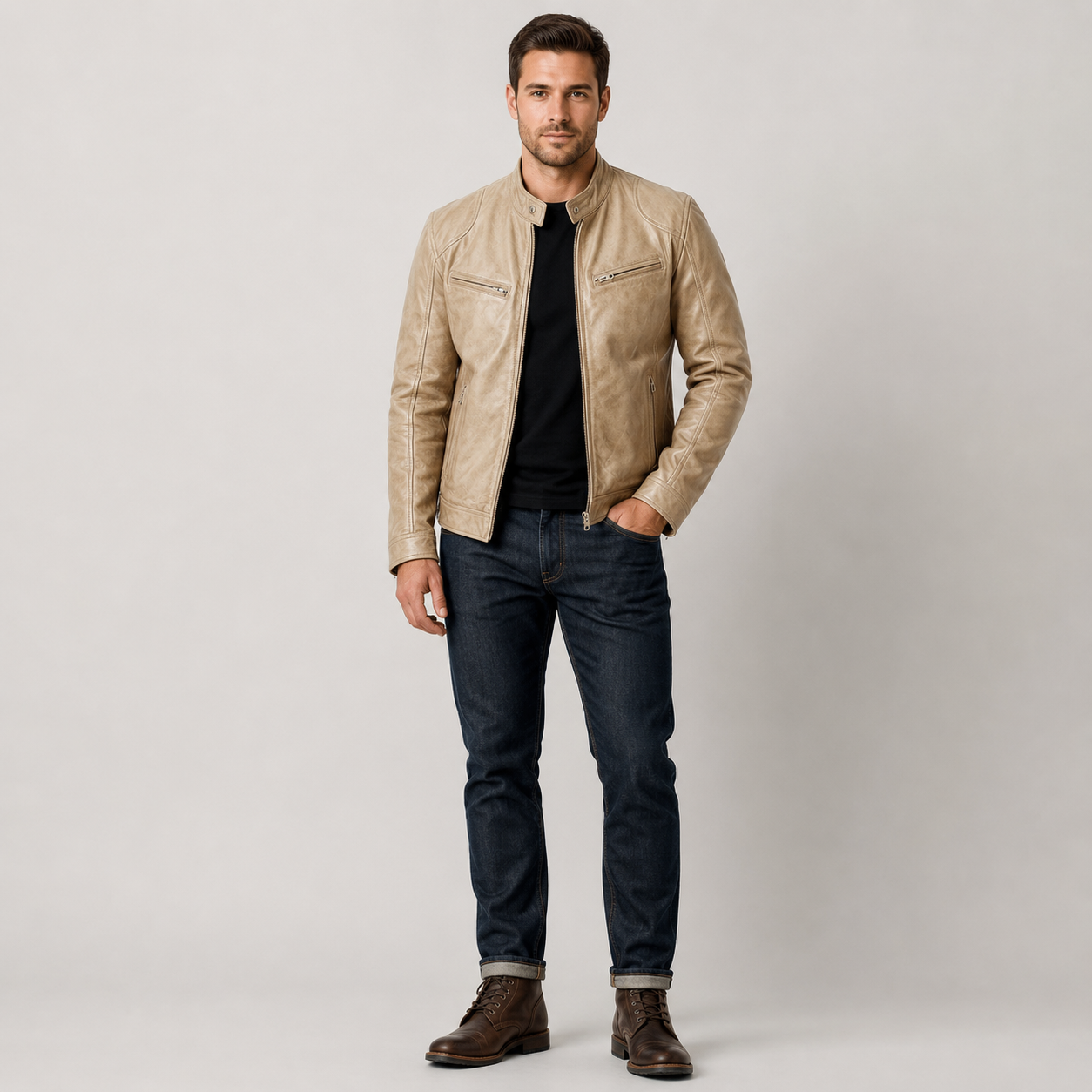 Men's Slim-Fit Biker Leather Coats & Jackets With Zip Pockets