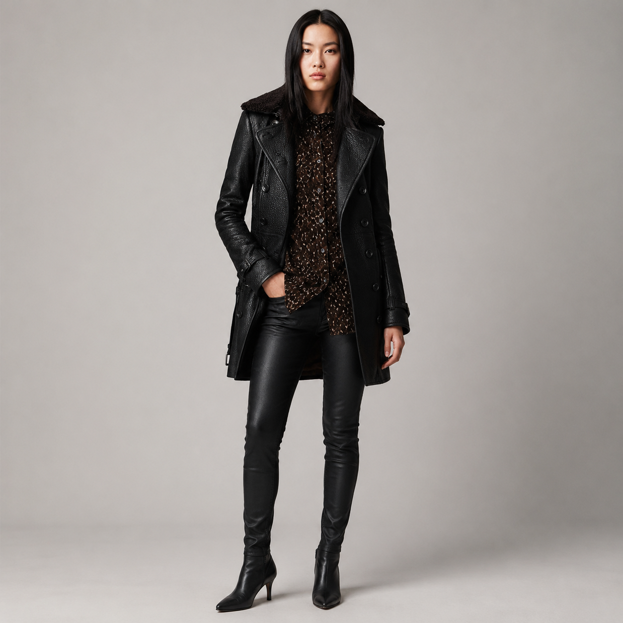 Women's Double-Breasted Leather Coats & Jackets With Shearling Collar