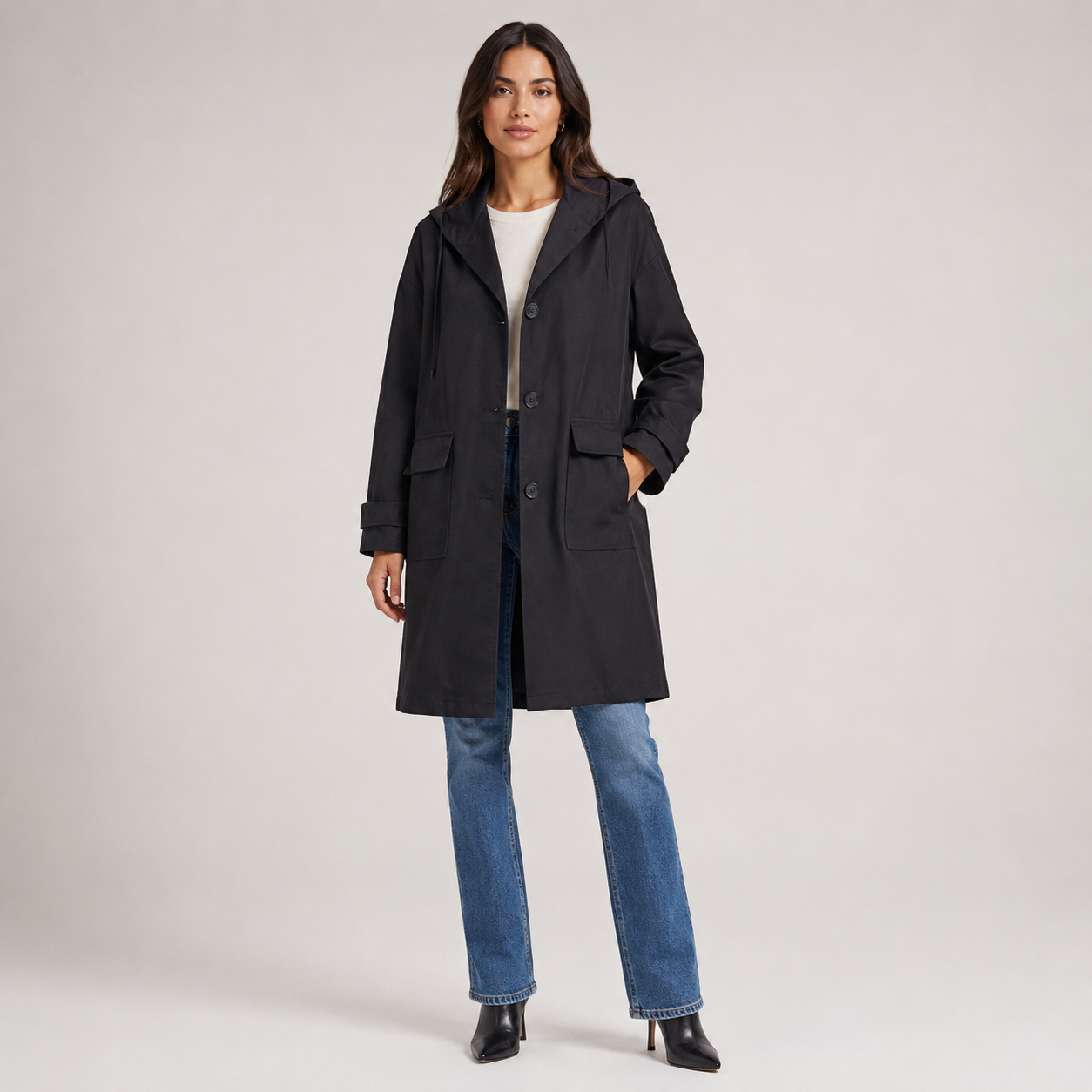 Women's Hooded Longline Trench Coat With Patch Pockets