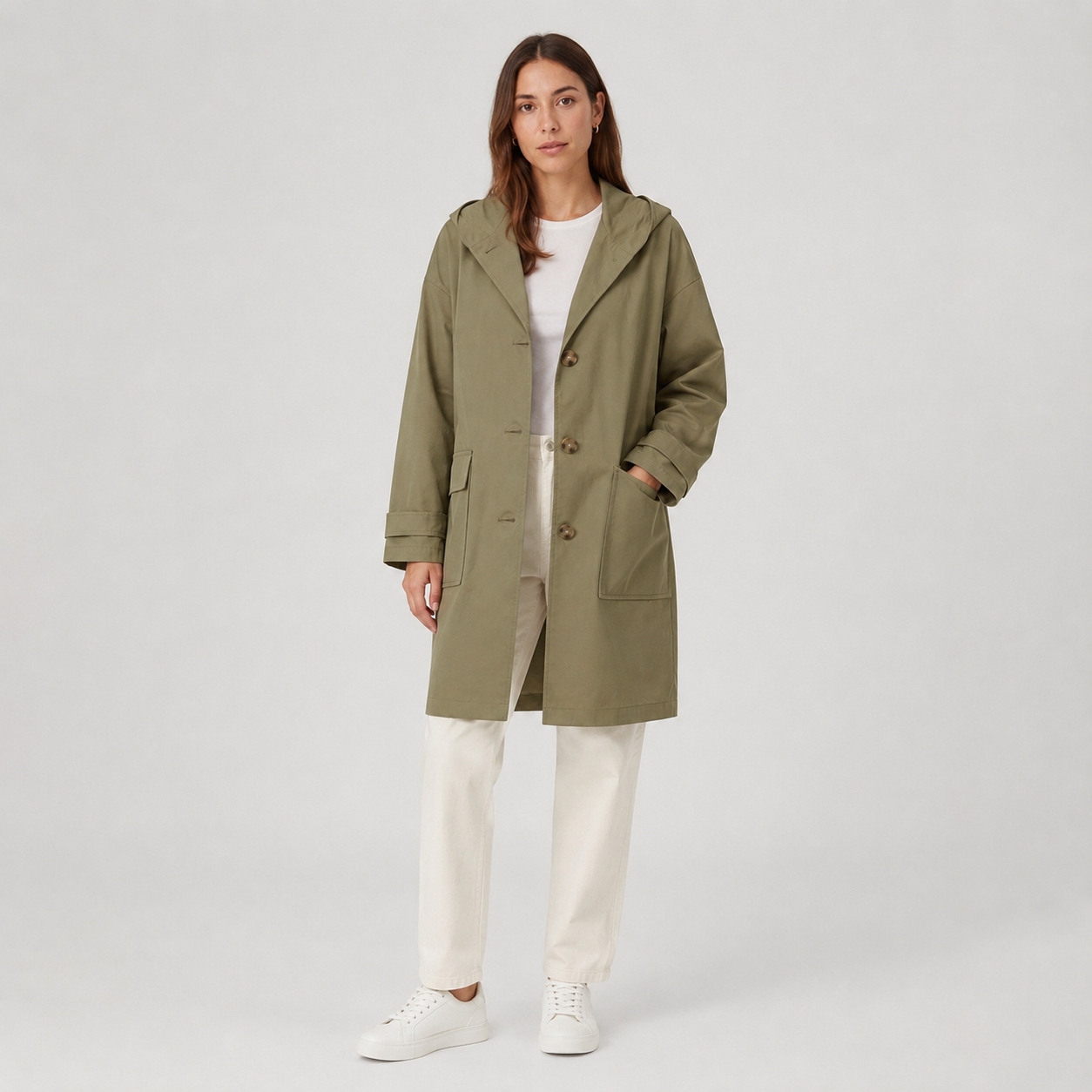 Women's Hooded Longline Trench Coat With Patch Pockets