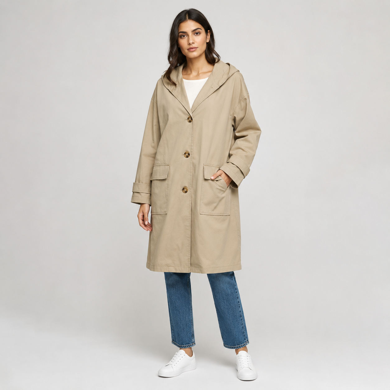 Women's Hooded Longline Trench Coat With Patch Pockets