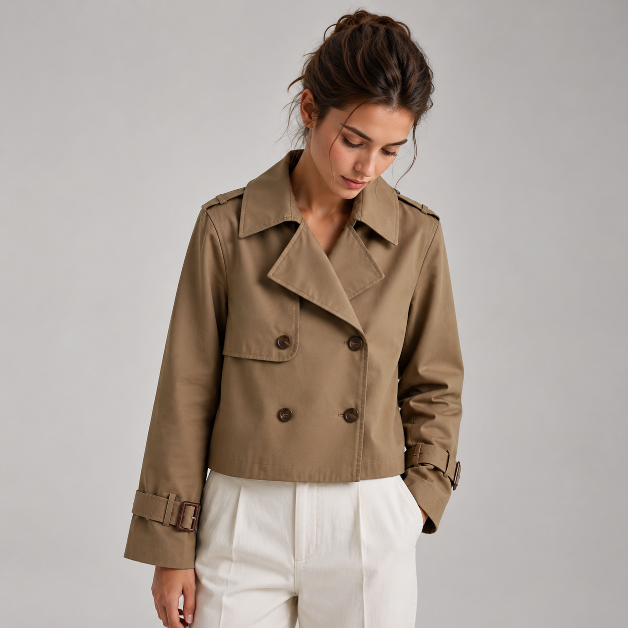 Grace | Women's Cropped Double-Breasted Trench Coat Buckle Cuff