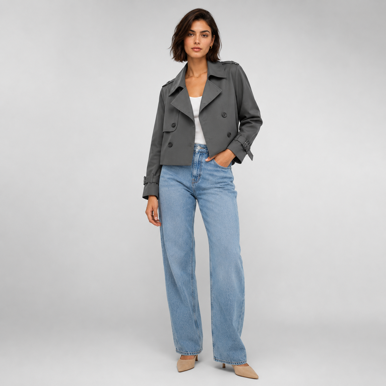 Grace | Women's Cropped Double-Breasted Trench Coat Buckle Cuff