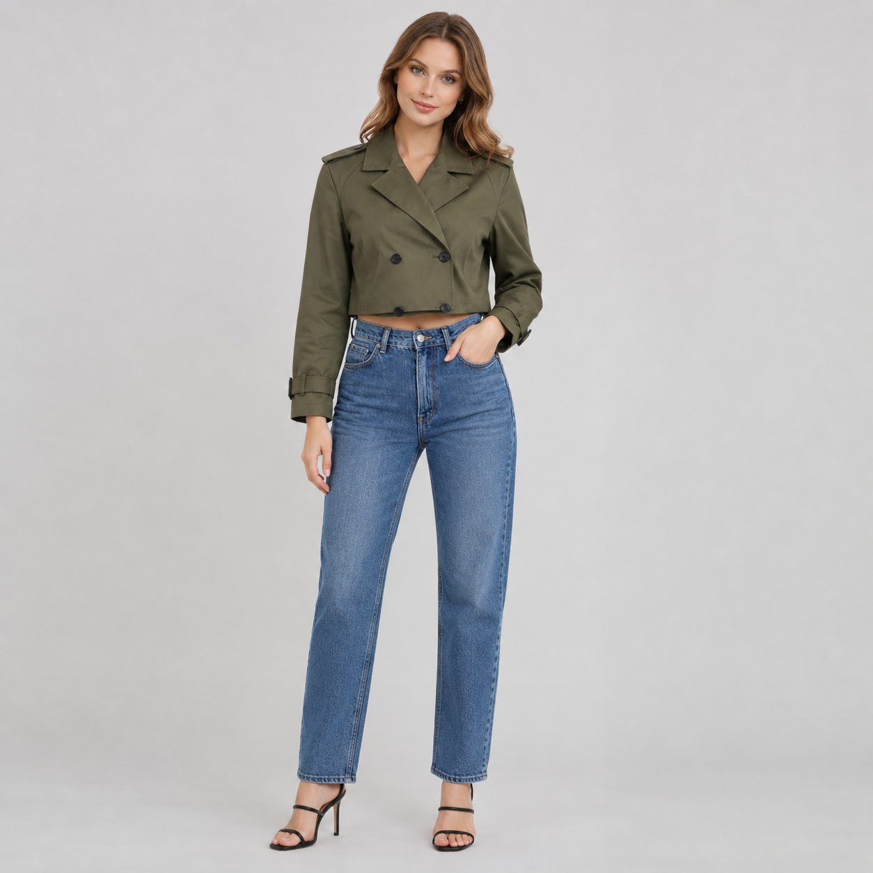 Women's Cropped Double-Breasted Belted Trench Coat
