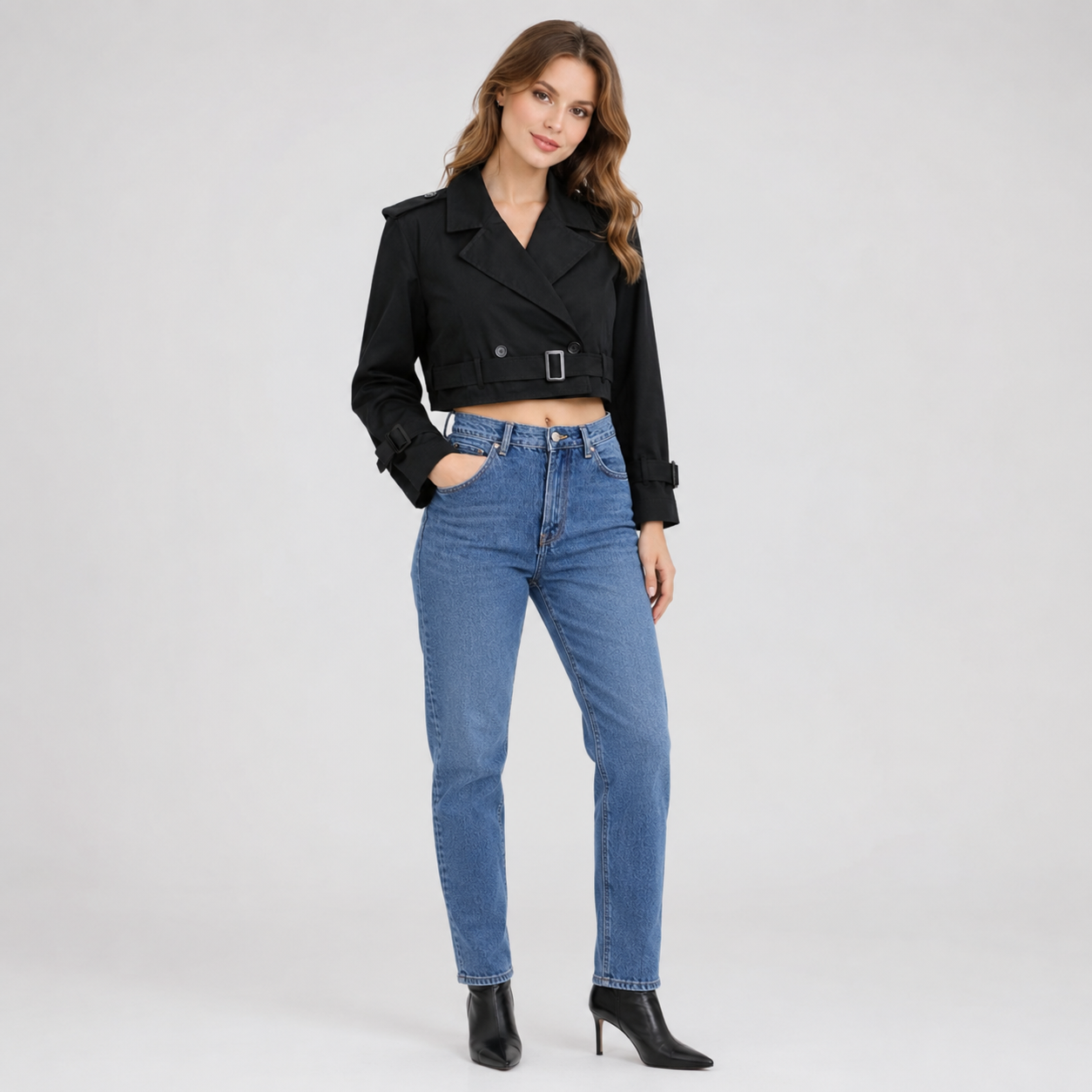 Women's Cropped Double-Breasted Belted Trench Coat