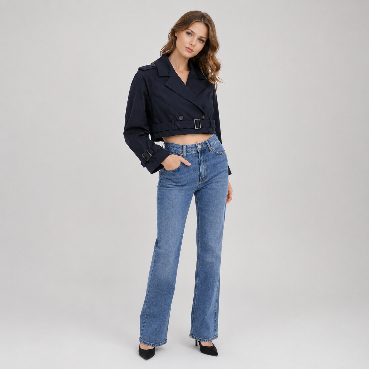 Women's Cropped Double-Breasted Belted Trench Coat