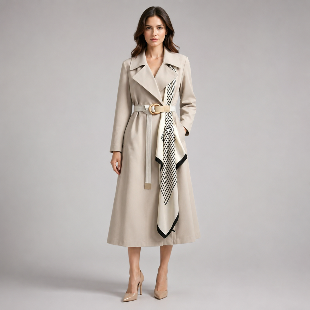 Women's Belted A-Line Midi Trench Coat