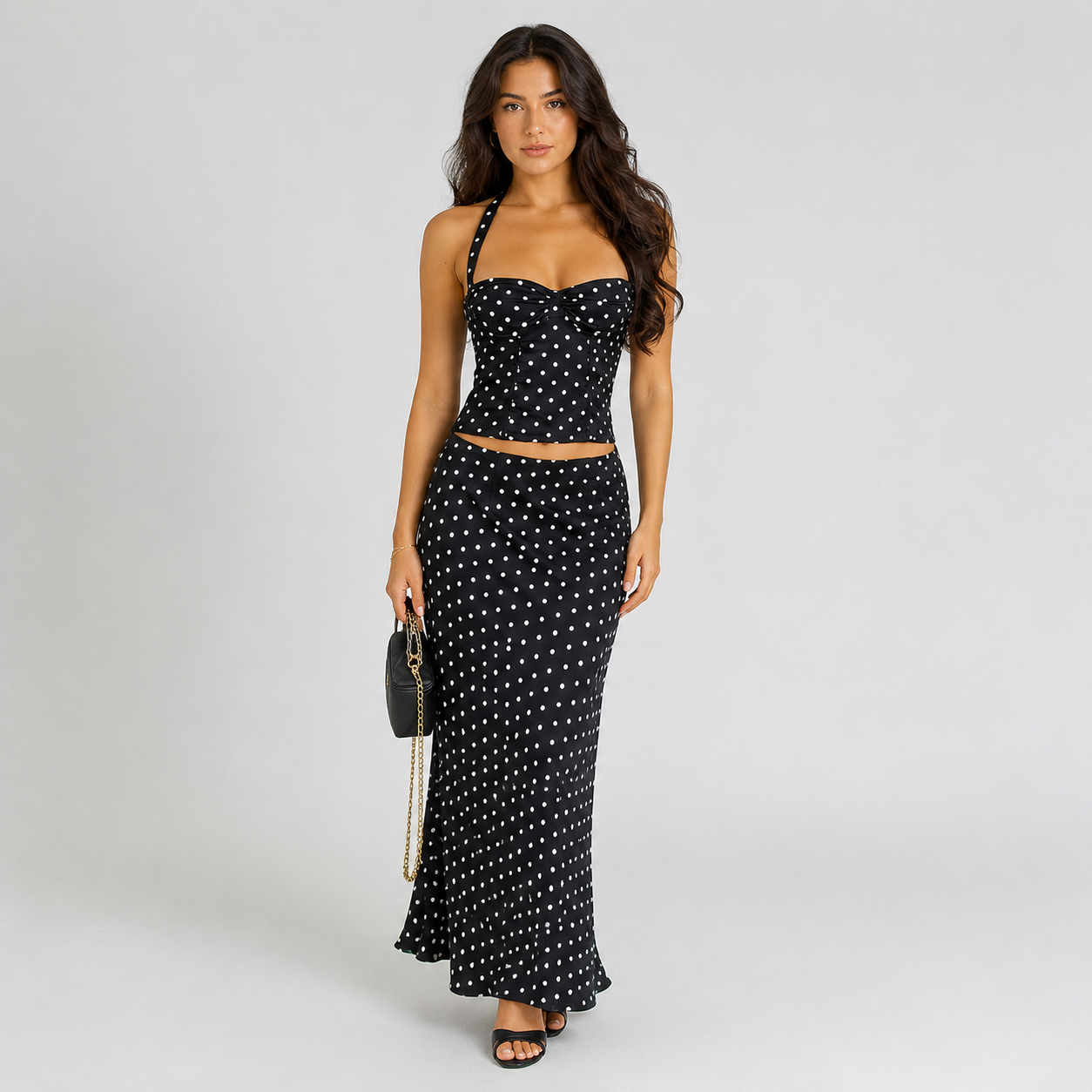 Women’s Two-Piece Polka Dot Halter Top & Mini Skirt Set