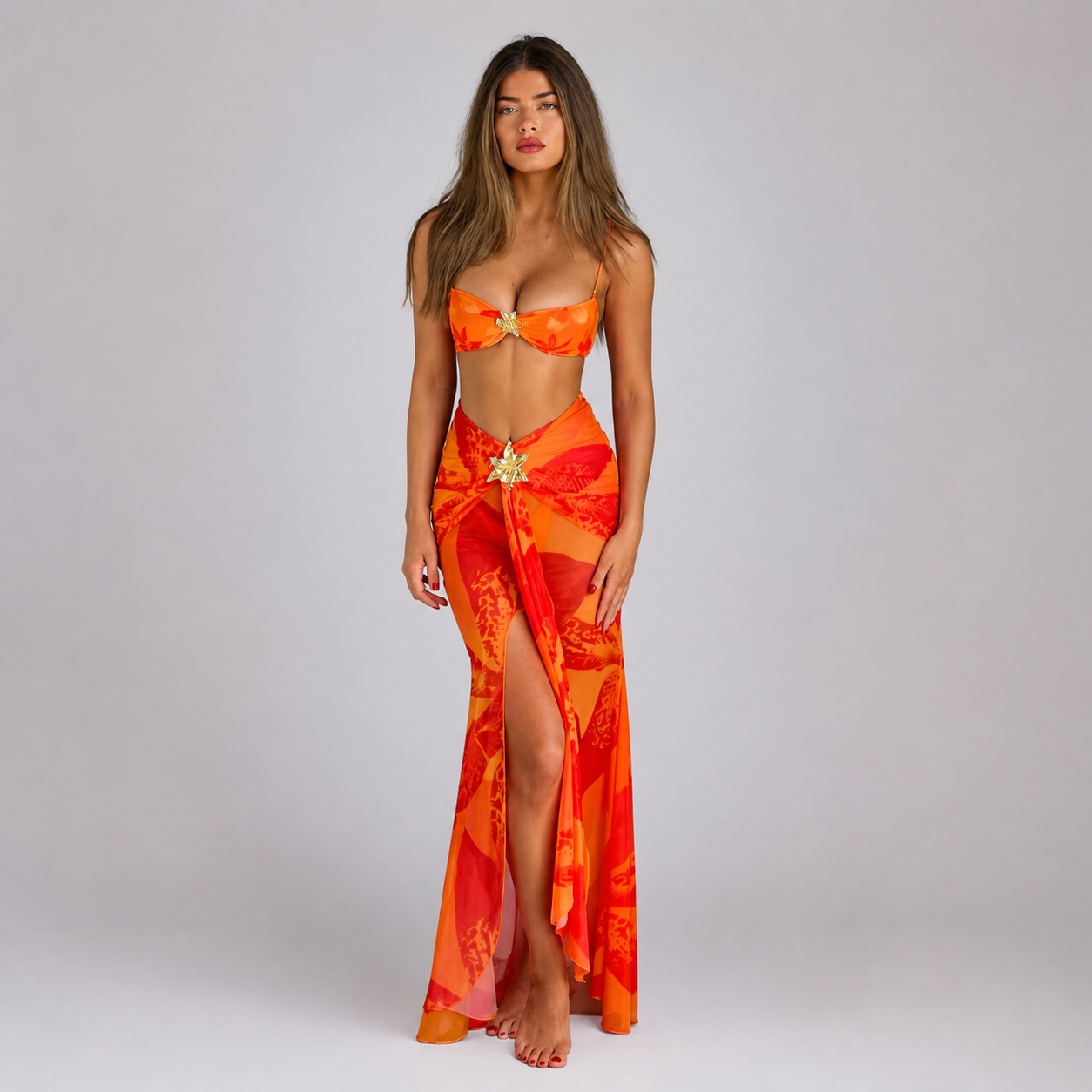 Women’s Three-Piece Printed Bikini & Mesh Skirt Set