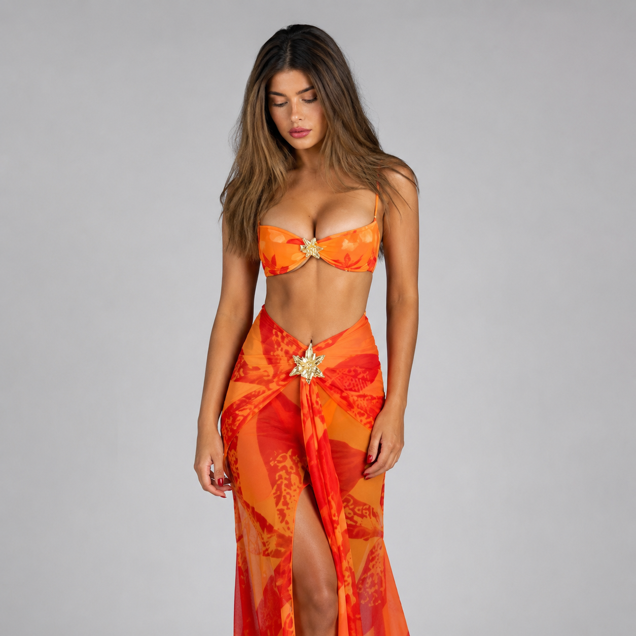 Women’s Three-Piece Printed Bikini & Mesh Skirt Set