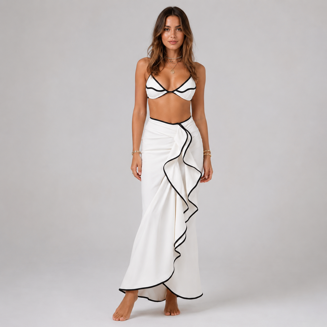 Women’s Three-Piece Contrast Colour Swimsuit & Wrap Skirt Set