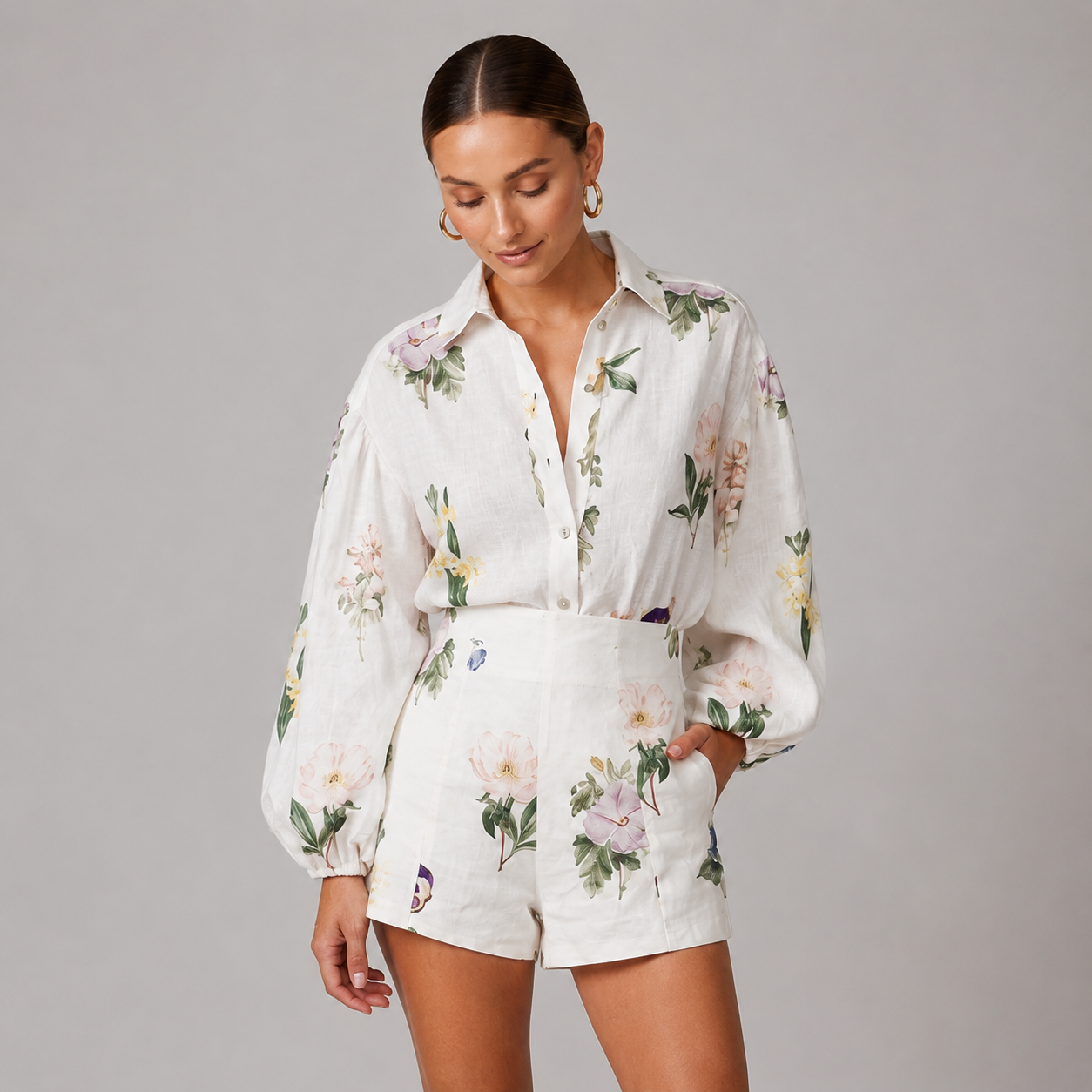 Women's Floral Print Shirt & High Waist Shorts Set