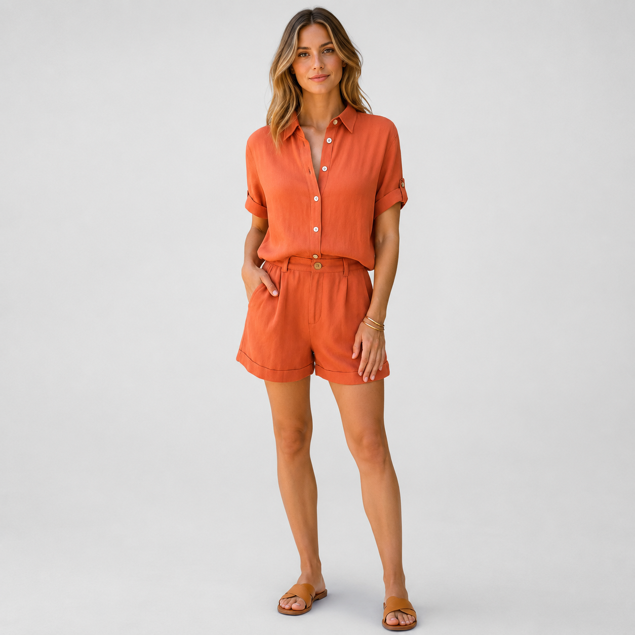Women's Linen Short Sleeve Shirt Shorts Set