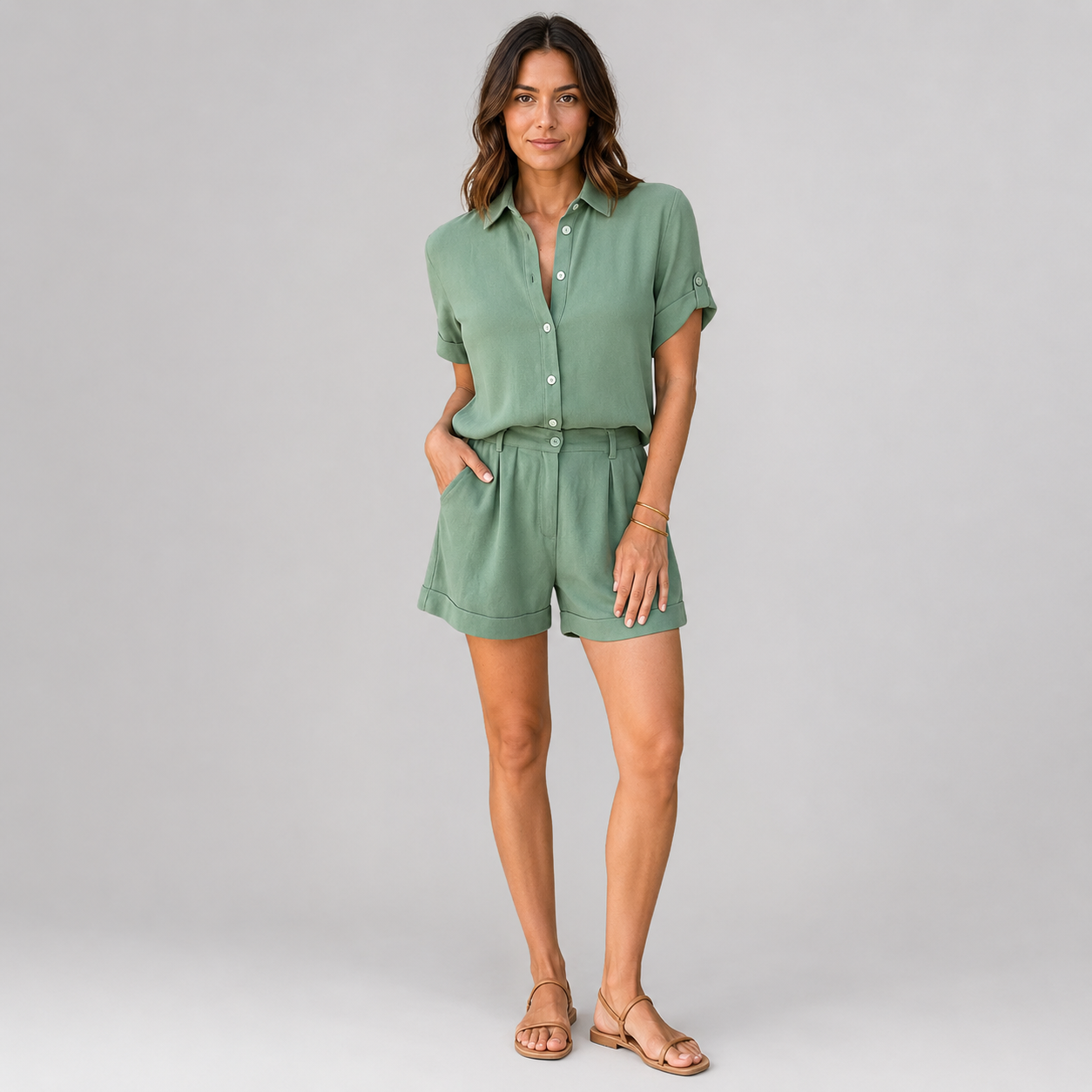 Women's Linen Short Sleeve Shirt Shorts Set