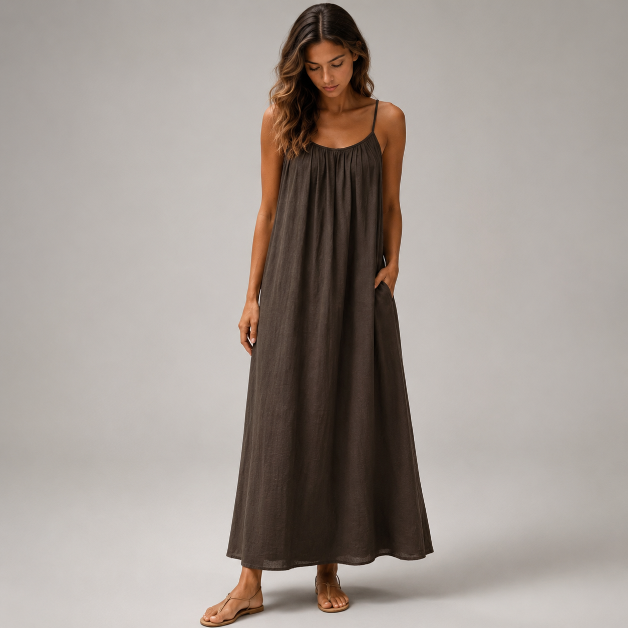 Women's Spaghetti Strap Linen Maxi Dress With Pockets