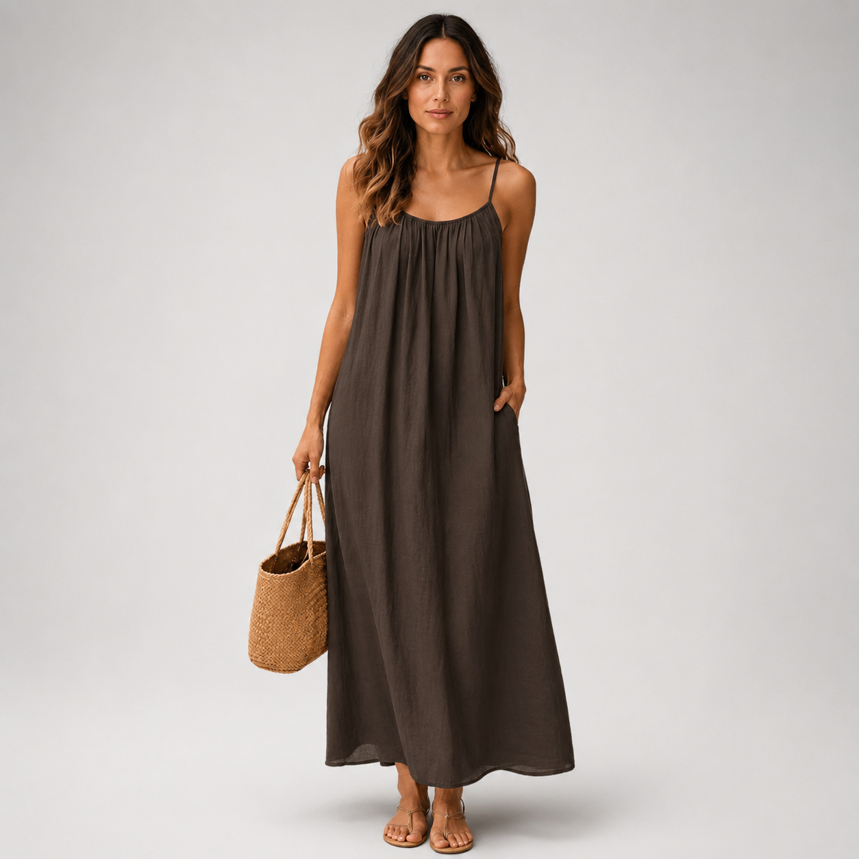 Women's Spaghetti Strap Linen Maxi Dress With Pockets