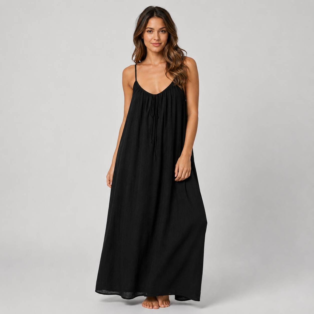 Women's Spaghetti Strap Linen Maxi Dress With Pockets