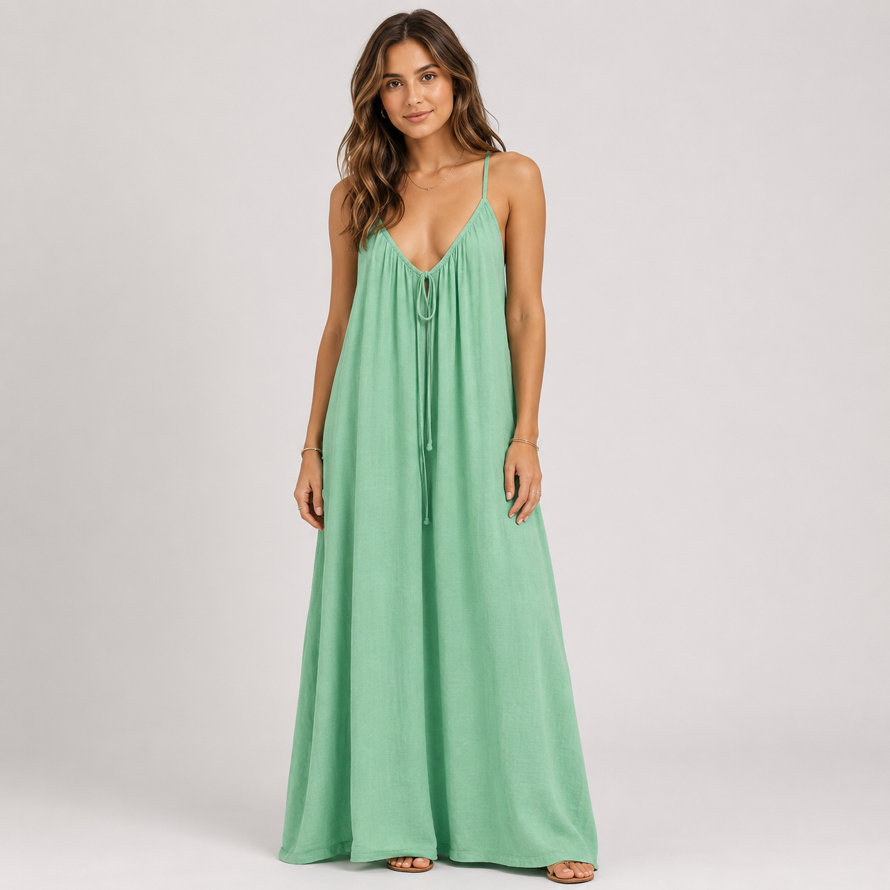 Women's Spaghetti Strap Linen Maxi Dress With Pockets