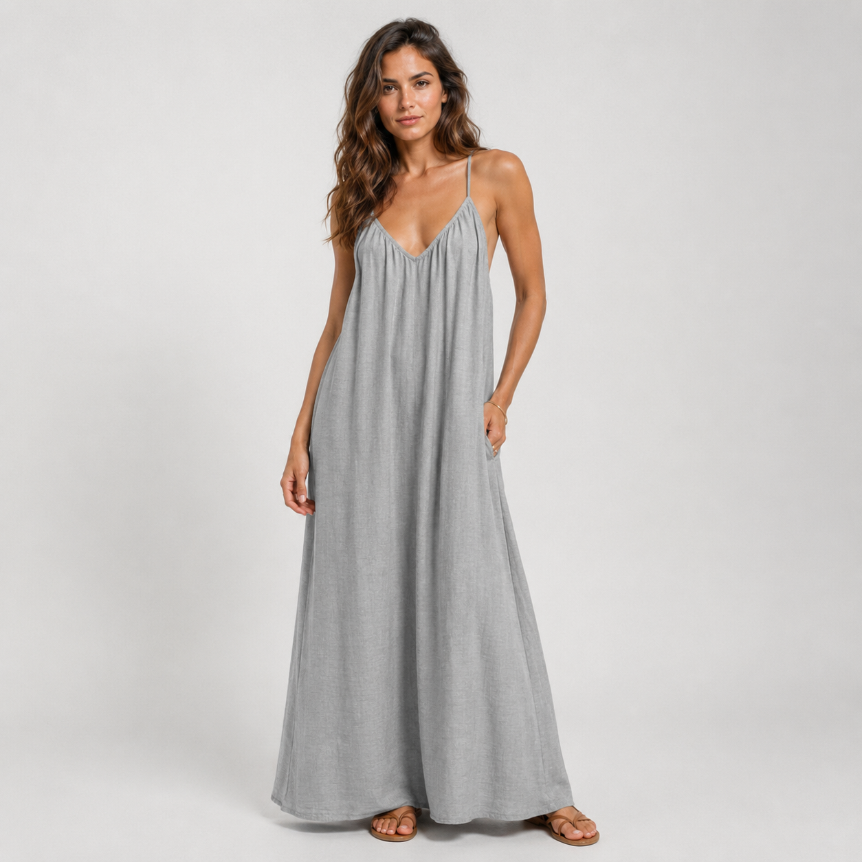 Women's Spaghetti Strap Linen Maxi Dress With Pockets
