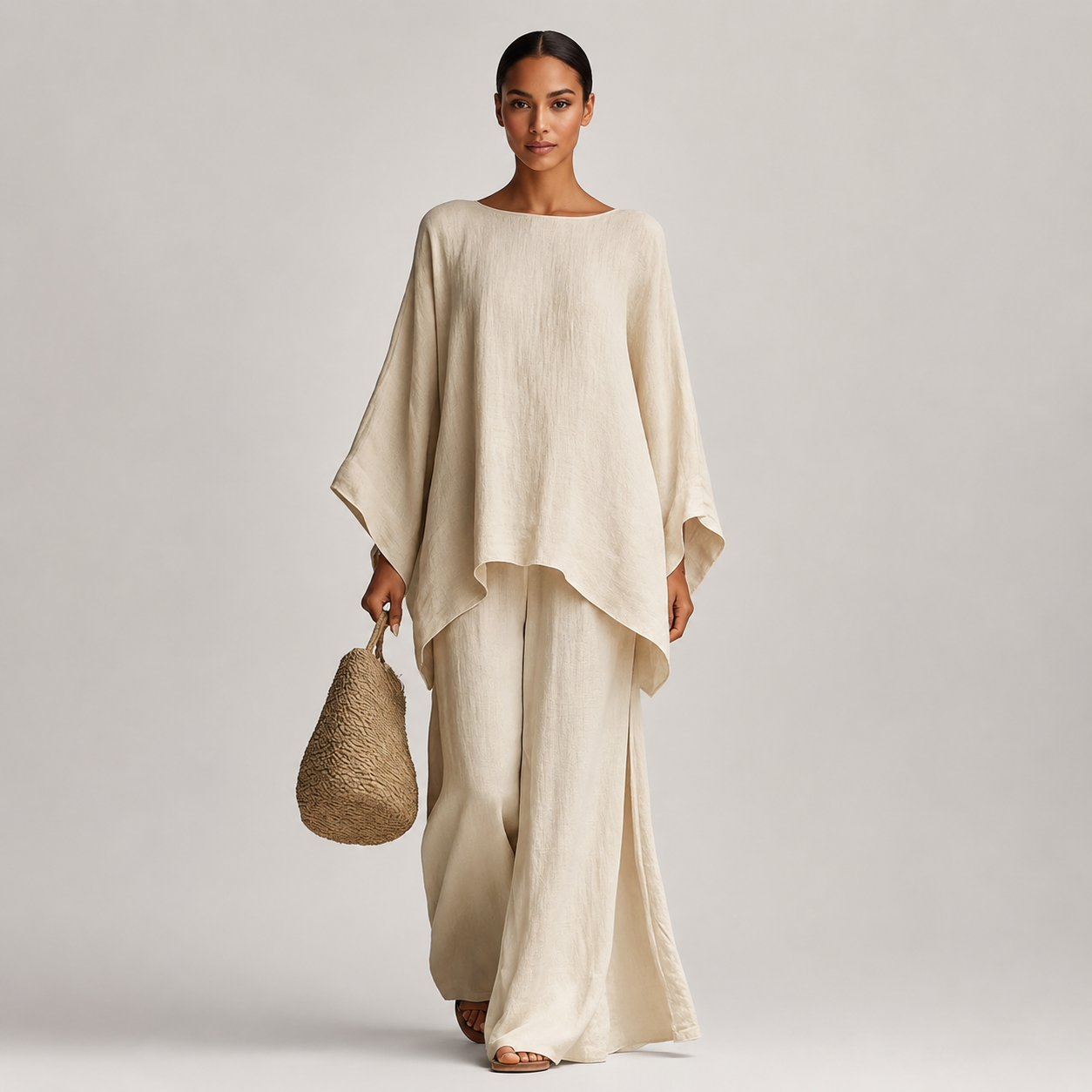 Women's Batwing Sleeve Linen-Look Wide-Leg Co-Ord Set