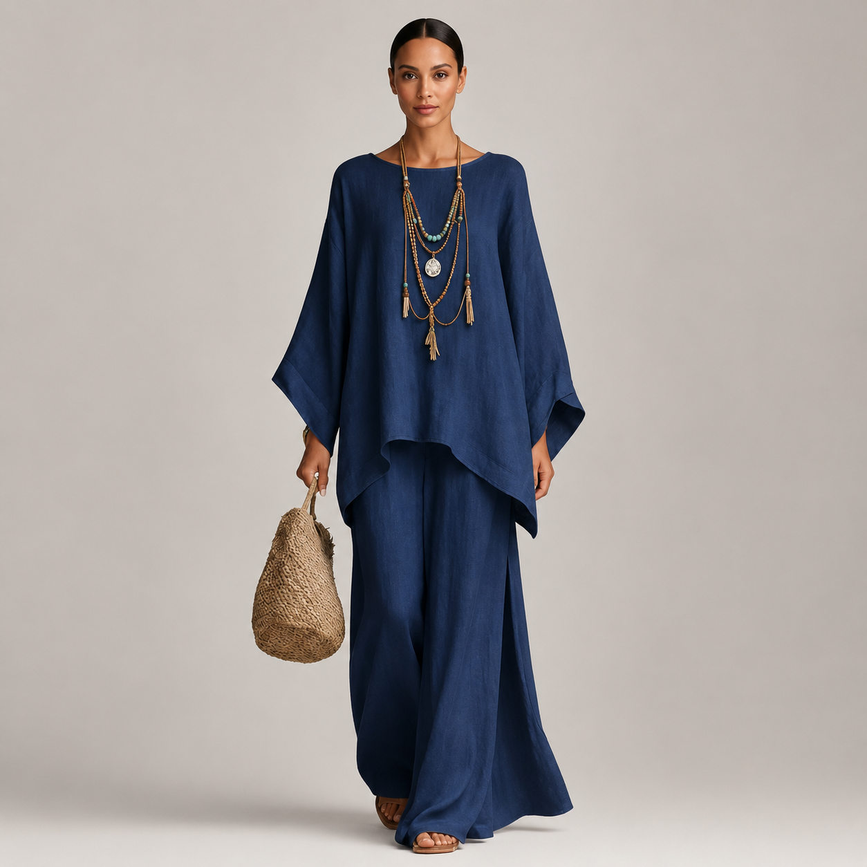 Women's Batwing Sleeve Linen-Look Wide-Leg Co-Ord Set