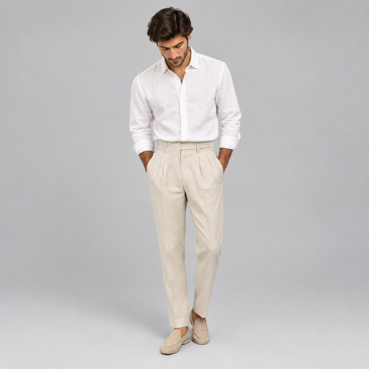 Men's Linen Tailored Flat Front Trousers Summer