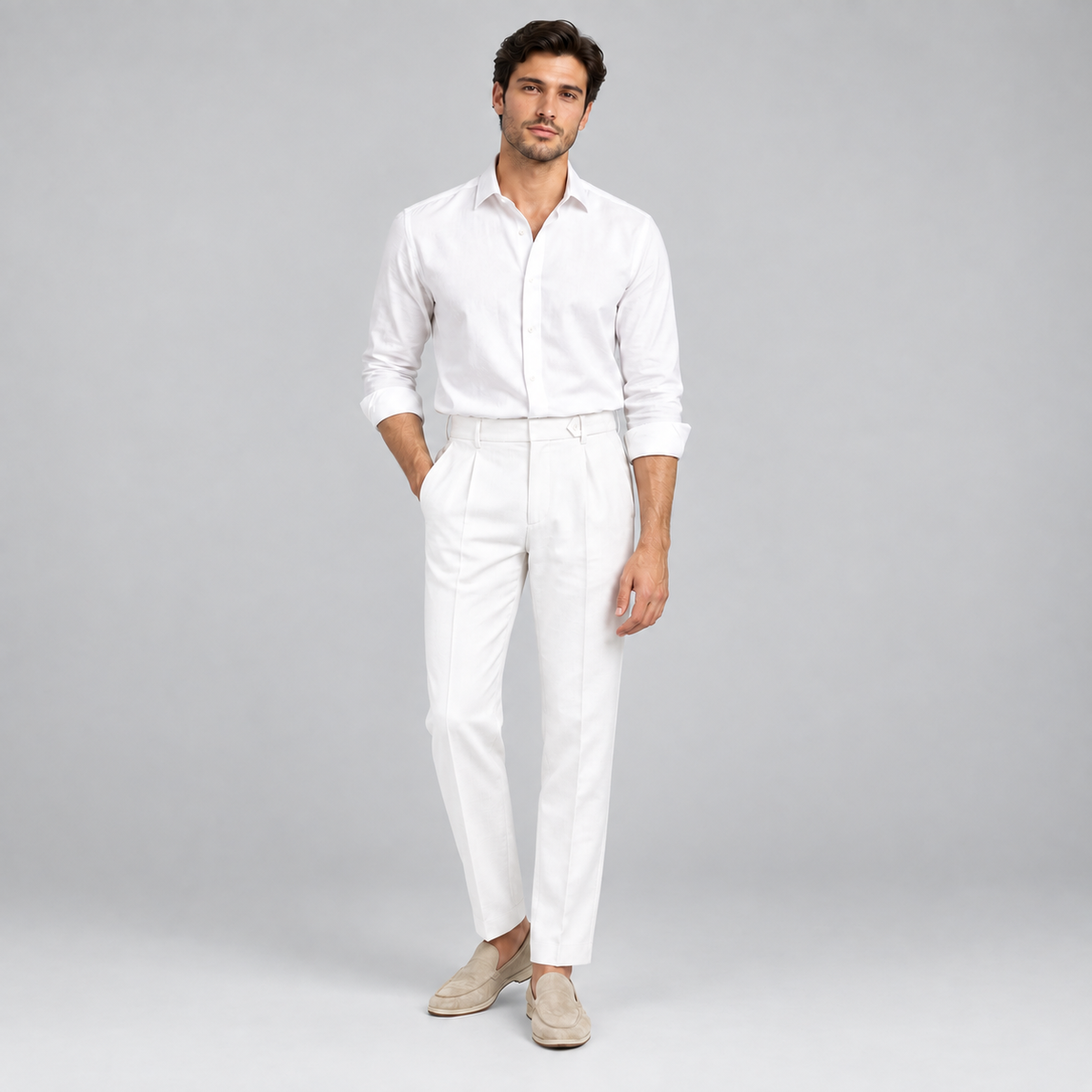 Men's Linen Tailored Flat Front Trousers Summer