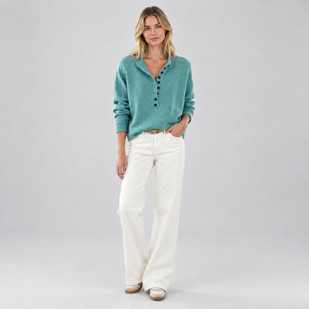 Women's Half-Button V-Neck Knit Sweater on a model, front view