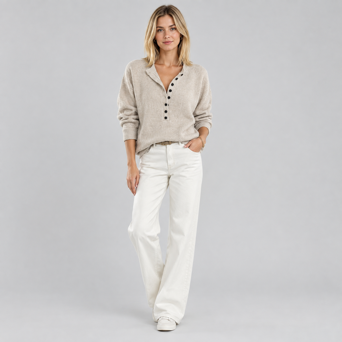 Women's Half-Button V-Neck Knit Sweater on a model, colour option