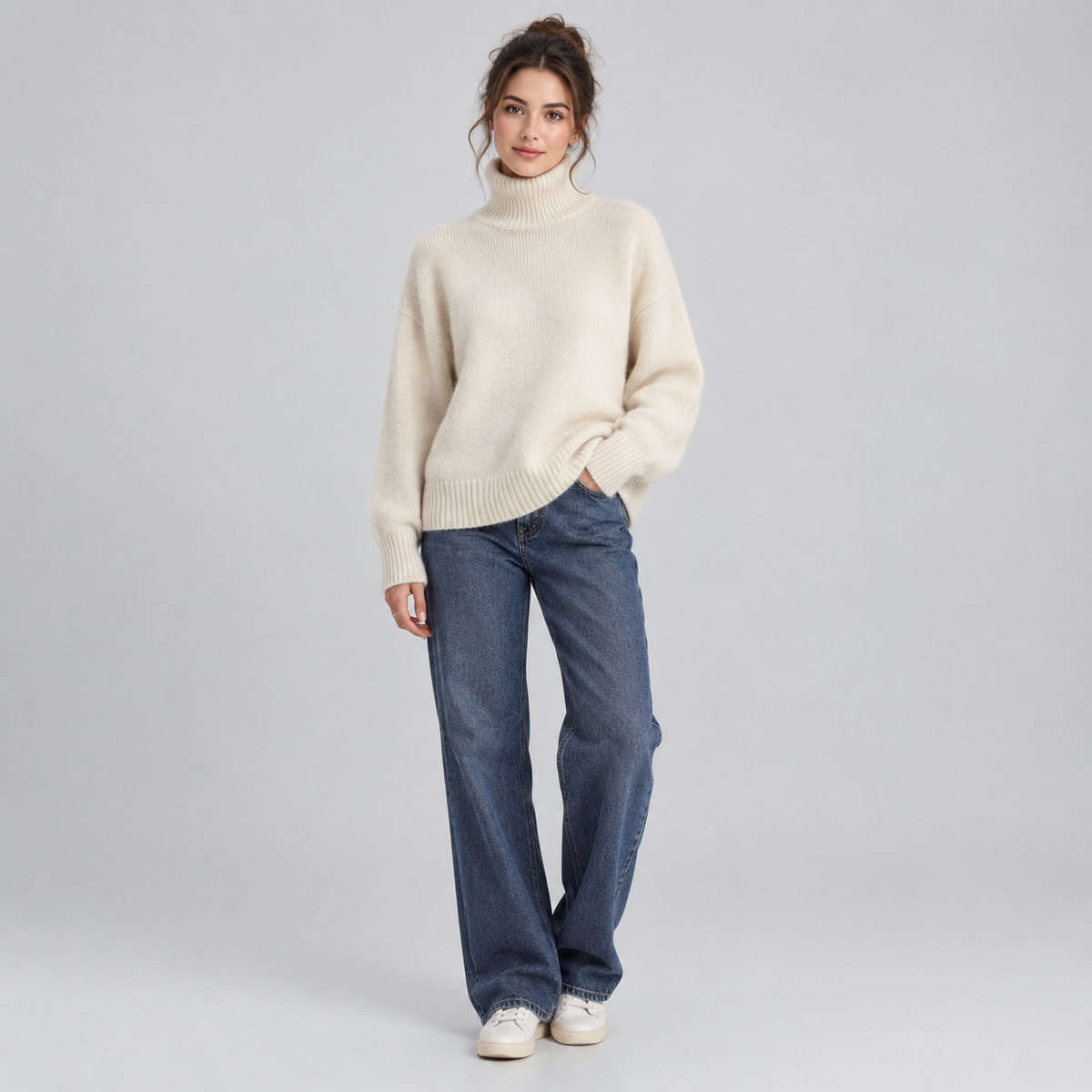 Women's Oversized Turtleneck Knit Sweater on a model, front view