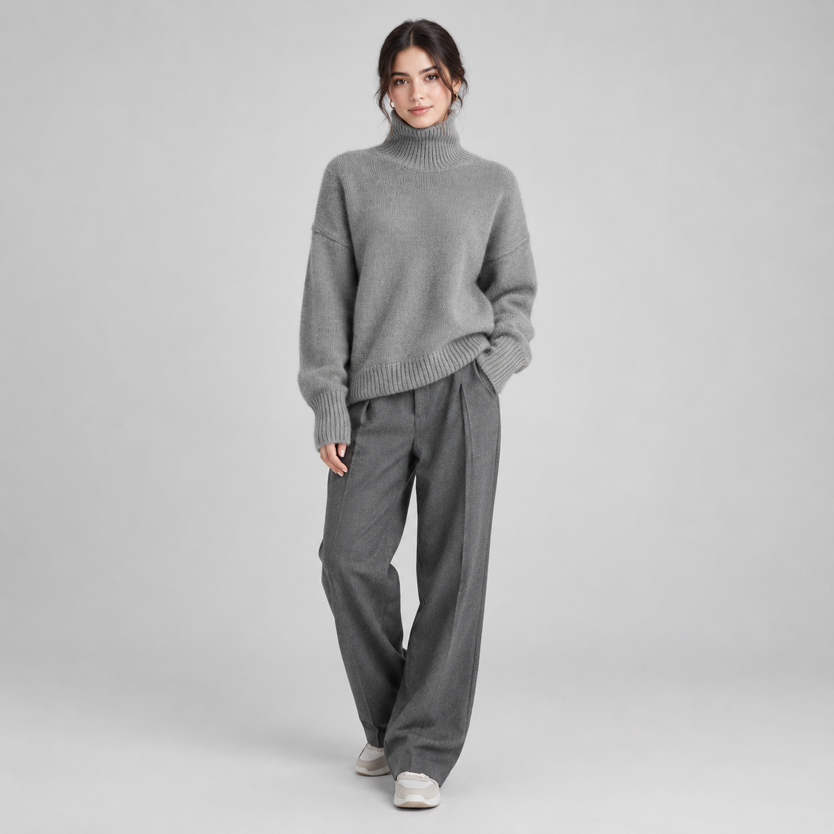 Women's Oversized Turtleneck Knit Sweater on a model, colour option