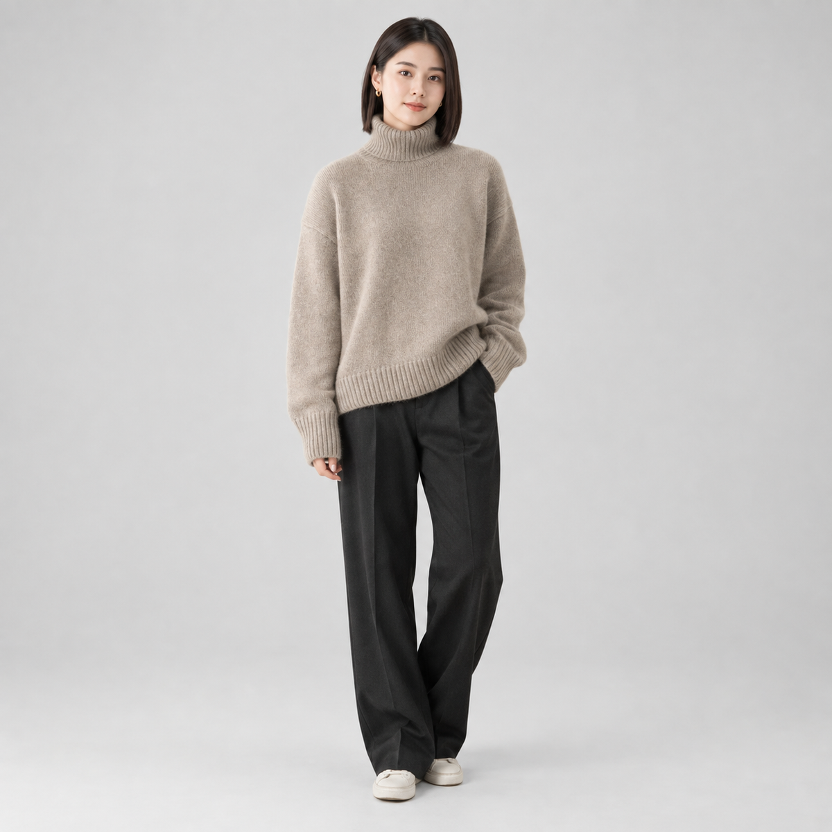 Women's Oversized Turtleneck Knit Sweater on a model, colour option