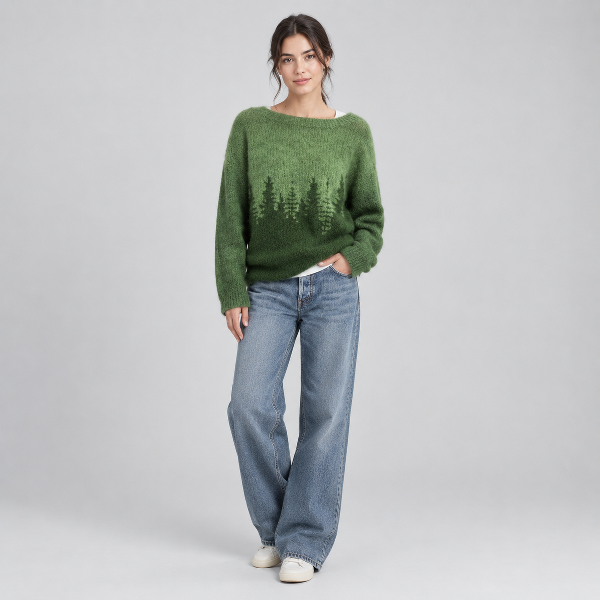 Women's Forest Print Oversized Crew Neck Knit Sweater on a model, front view