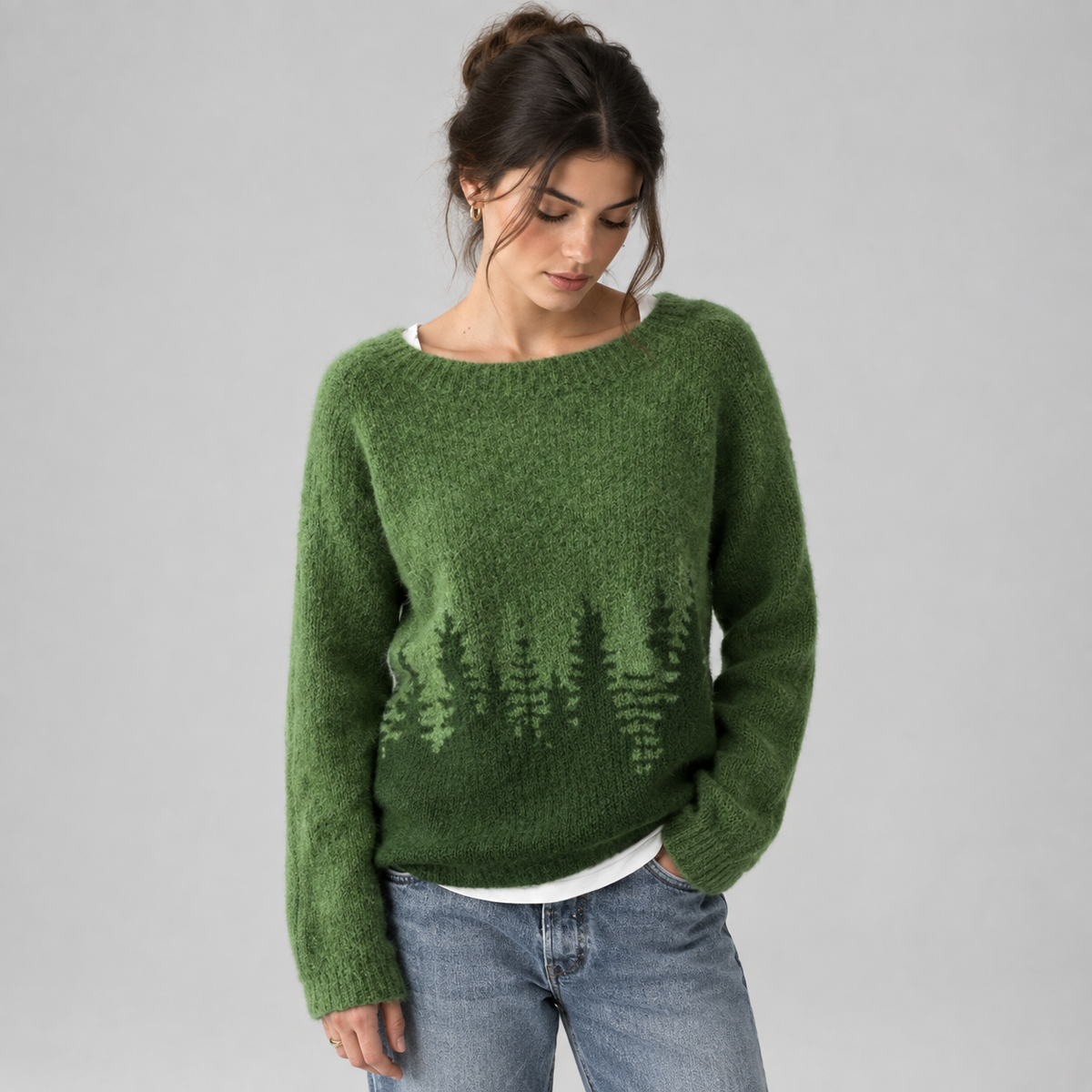 Women's Forest Print Oversized Crew Neck Knit Sweater on a model, front detail