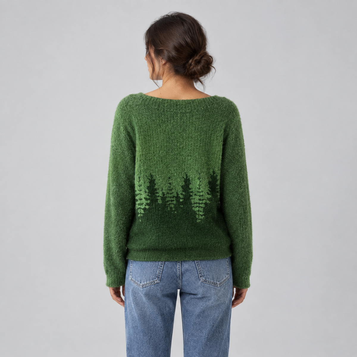 Women's Forest Print Oversized Crew Neck Knit Sweater on a model, back view